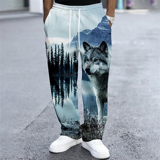 Men's Wolf Wildlife Forest Sweatpants Trousers Casual Pants Mid Waist Vintage Retro Outdoor Hunting Workout Elastic Drawstring Waist Straight Leg Pants with Pockets Spring Fall 3D Print Black Blue 2025