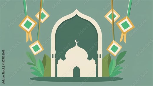 Ramadan and Eid al-Fitr Animated Background with Flat Style Mosque and Hanging Ketupat Decorations