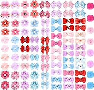 Jexine 100 Pcs/ 50 Pairs Dog Hair Bows with Rubber Bands Puppy Hair Bows Grooming Accessories Multicolor Small Pet Handmade Bowknot for Puppy Pet Girl Female Accessories