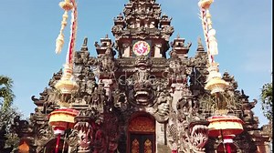 Traditional Door Pyramidal Architecture of Bali Indonesia Ardha Candra Stage in Denpasar with Penjors Hanging