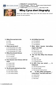 Miley Cirus short biography listening worksheet