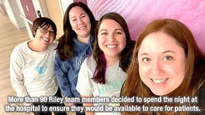 More than 90 Riley team members decided to spend the night at the hospital in order to ensure they would be available to care for patients during the snowstorm. Nurses, rehabilitation therapists, respiratory therapists, pharmacists, EVS staff and more were at “Hotel Riley” for the night. While some slept in designated hospital rooms, others brought in air mattresses and slept in offices. Food services employees provided snacks, water and meal tickets. The supple chain team made sure there were p