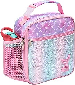 Bagseri Lunch Bag for Girls - Kids Lunch Box Reusable Leak-Proof and Insulated Kids Lunch Bag With Water Bottle Holder Toddler Girls Lunch Box for Daycare and School, Glitter Pink Mermaid