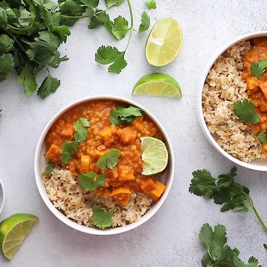 Easy, healthy Slow Cooker Red Lentil Curry with Sweet Potatoes! This vegan curry is made with coconut milk and the perfect amount of spices. Creamy and delicious! RECIPE HERE: https://www.wellplated.com/red-lentil-curry | Well Plated
