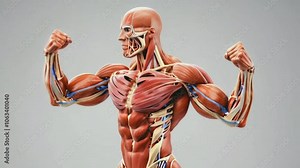 Human Muscular System Anatomical Diagram with Flexed Arms and Visible Muscle Fibers