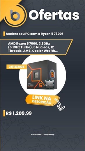 AMD Ryzen 5 7600, 3.8GHz (5.1GHz Turbo), 6 Núcleos, 12 Threads, AM5, Cooler Wraith...