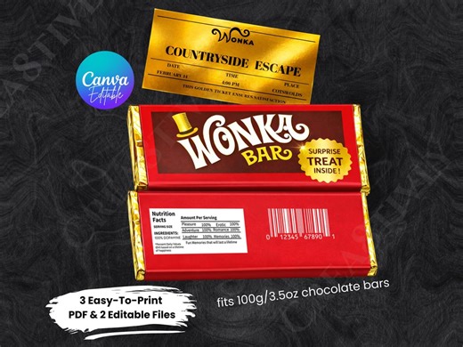 Willy Wonka Chocolate Wrapper & Golden Ticket Bundle | Canva Editable Templates + Print-ready Pdfs | Valentine Gift | Digital Download - Etsy UK