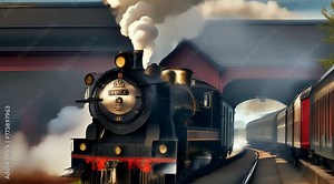 animation, motion effect a magnificent steam locomotive stands poised on the tracks, ready to embark on a journey through time, 60fps 8sec.