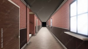 Abstract interior inside hotel building. Animation. Camera moving through the 3D model of a hall with windows, doors and walls, design and architecture concept, seamless loop.