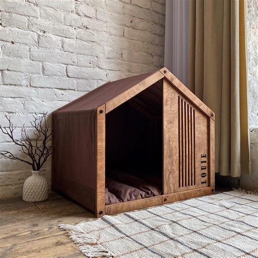 Medium Dog House - Handmade Indoor Dog Furniture With High Lines Cutout Panel and Cotton Canopy - Etsy