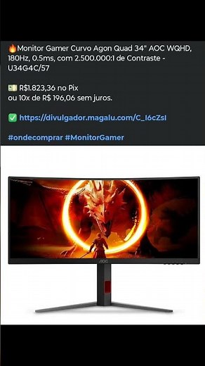 🔥Monitor Gamer Curvo Agon Quad 34" AOC WQHD, 180Hz, 0.5ms, com 2.500.000:1 de Contraste #Gamer