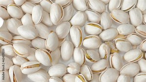 Closeup of roasted pistachio nuts falling on the table. Delicious and nutritious snack for a healthy diet.