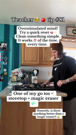 When your thoughts are loud and your nervous system is fried, don’t overthink the reset. Find one small thing to clean. Something easy. Something satisfying. The rhythm. The focus. The instant visual win. It brings your mind back into your body every time. 🧼✨ Today’s choice: my stovetop a magic eraser I’m slightly obsessed with. Save this for the next overstimulated moment 🩵 #nervoussystemreset #overstimulated #teachertips #mindbodyconnection #mindfulmoments