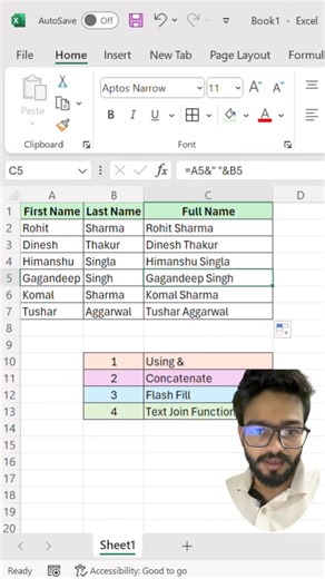 21K views · 229 reactions | Join Text in Excel by 4 Tricks‼️ #excel #exceltips #exceltricks #exceltutorial #excelformulas #reels #msexcel #microsoftexcel #excelhacks #excelforbeginners #excelcourse #excelshortcuts #dailyexcel #spreadsheets #excel365 #reels #instareels #short #indiareels | Vishal Aggarwal | Facebook