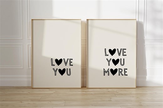Love You More Print Set Black Heart Typography Valentine'sday Poster Minimalist Romantic Couple Wall-art - Etsy