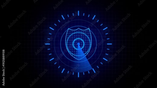 Cybersecurity radar dashboard scanning global network. Digital shield protection system with advanced radar interface. Data security monitoring concept for technology and cyber defense. 4k animated