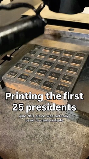 February 16th this year is Presidents’ Day and the Sacramento History Museum is open! For today, Howard letterpress printed an image from a halftone of the first 25 presidents from George Washington to Teddy Roosevelt. Technically, Roosevelt is the 26th president but Grover Cleveland, the 22nd and 24th president, is represented once in this print. The picture in halftones are broken into a series of equally spaced dots of varying size. Halftones were used to introduce photographs into newspapers