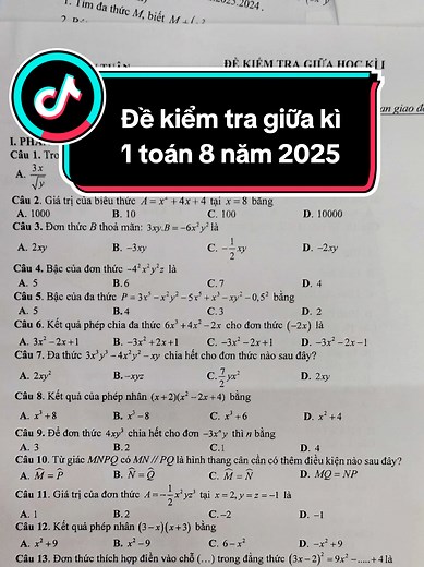 Đề thi giữa kì 1 môn Toán 8 năm 2025