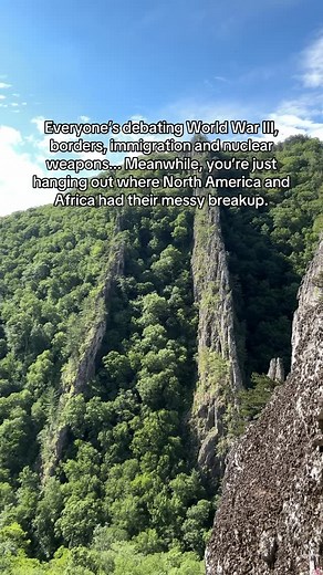 EFV369 on Instagram: "Everyone’s debating World War III, borders, immigration and nuclear weapons... Meanwhile, you’re just hanging out where North America and Africa had their messy breakup. This formation is a reminder that the Earth was once one. No lines, no nations, just connection. Maybe it’s time humanity stopped dividing what was always meant to be connected and remember that WE ARE ONE. #ViaFerrata #WestVirginia #Geology #NatureVibes #peaceandlove"