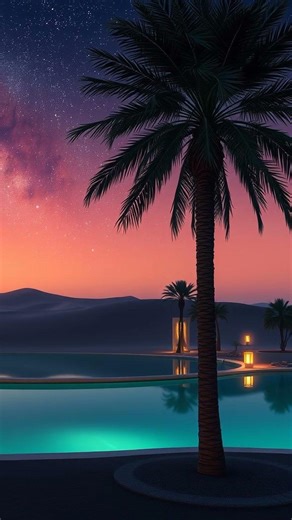 Desert oasis at twilight