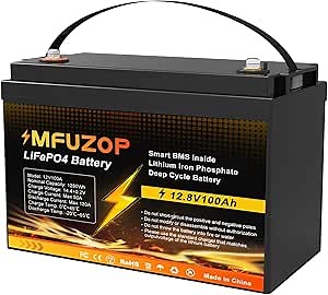 12V 100Ah LiFePO4 Lithium Battery with 100A Smart BMS, Deep Cycle Marine Battery 12V, Max 1280Wh Energy, Group 24 for RVs, Vans, Trailers, Motorhomes, and Boats, black