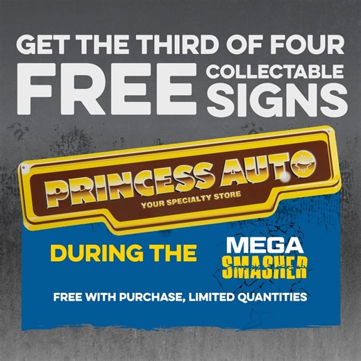 💁🏼‍♂️ We introduced this metallic gold logo in 1983 to mark our 50th anniversary, and now it’s available as the third of four FREE exclusive, limited-edition vintage signs. 💥 Available in-store only with purchase, but quantities are limited, so come early on Tuesday, September 9. | Princess Auto