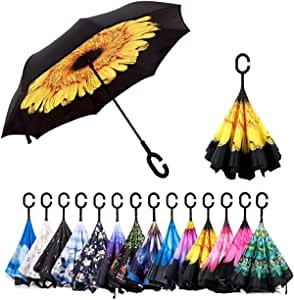Auto Open Reverse Inverted Umbrella Double Layer Inverted Umbrella with C-Shaped Handle,Anti-UV Waterproof Windproof Straight Umbrella for Car Rain Outdoor Use