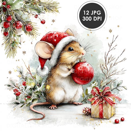 Christmas Mouse Watercolor Clipart: Whimsical Holiday Illustrations (JPG Files) - Etsy