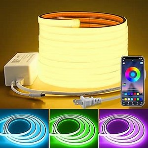 16.4FT 110V RGB COB LED Strip Light with Remote Smart Waterproof Outdoor RGB COB Neon Rope Light 576LEDs/M Color Changing Dimmable LED Light Strip AC 110V~130V for Bedroom Home Commercial Lighting