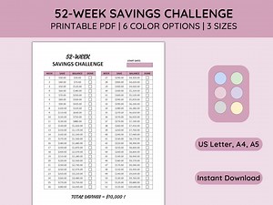 52 Week Saving Challenge, 10000 Saving Challenge, Printable PDF, Letter, A4, A5, 6 Colors, Personal Financial, Money Management, Budgeting - Etsy Australia