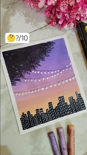 🌇City Sunset with Fairy Lights | Easy Oil Pastel Drawing ✨