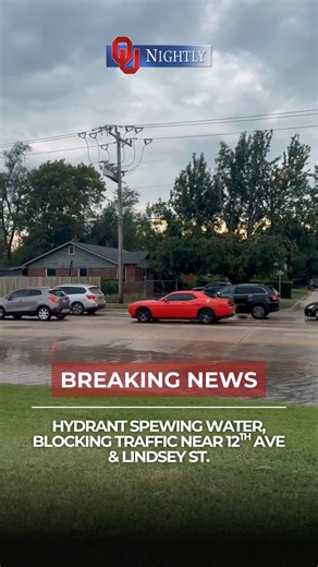 BREAKING: A blown fire hydrant is blocking traffic near 12th Ave. and Lindsey St. Norman Police say there's no time estimate for when the hydrant will be closed. #norman #oun #OUNightly #hydrant #traffic #water | OU Nightly
