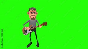 Animated male musician cartoon character plays lead electric guitar in looping pattern then breaks out in unique solo multiple times in front of green screen background