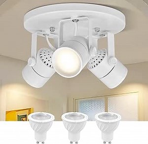 Arcfox Replaceable 3 Light Flush Mount Ceiling Spotlight Fixture Round Mr16 Type Gu10 Base Directional LED Track Lighting Fixtures Ceiling White Gallery Accent Lighting 3x5w LED Bulb Included