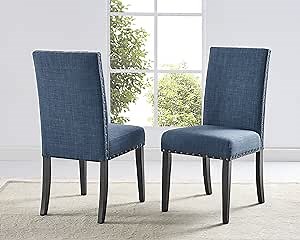 Roundhill Furniture Biony Blue Fabric Dining Chairs with Nailhead Trim, Set of 2