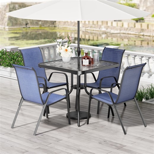 LAZY BUDDY 5-Piece Patio Dining Set, Outdoor Square Table and Stackable Chairs Set for 4, with Umbrella Hole & Tempered Glass Tabletop