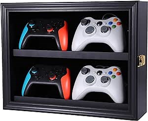 Game Controller Display Case Wood Wall Mount Game Controller Stand with Acrylic Transparent Door Light Up Controller Holder for 4 Controllers with 98% UV Protection-Lock Black Finish