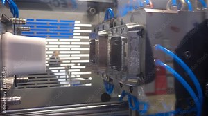 The process of extrusion equipment operation - the movement of different parts - manufacturing disposable plastic products. Slow mo, slow motion, slo mo, high speed camera, 240fps, 250fps