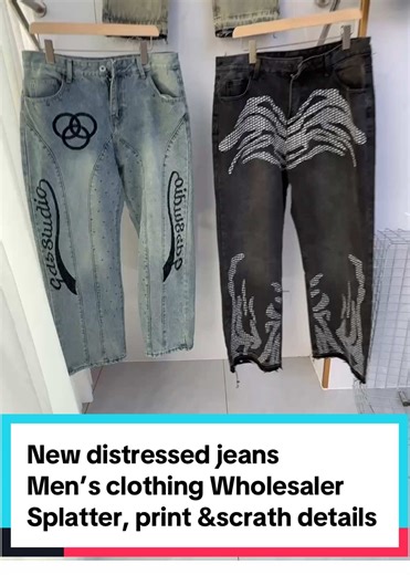 New arrivals distressed jeans for wholesaler, China menswear wholesaler Features : 1.Paint splatter effect 2.Irregular white print details 3.Hand-scrapped 4.Ripped knee design 5.Long length , solid quality Wholesale only , fast shipping, DM for price , homepage have everything #NigeriaWholesale #MenswearNigeria #bulkclothing #WestAfricaFashion #AfricanFashion
