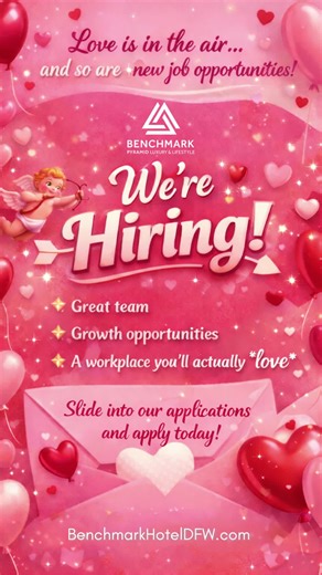 💘 Happy Valentine’s Day from Benchmark Hospitality at Deloitte University! We’re falling for great talent!💐 Come check us out at our next Job Fair: Tuesday, February 24th from 10am-3pm 📲 Apply now: BenchmarkHotelDFW.com - Walk-ins welcome! 📍 2 Deloitte Way, Westlake, TX 🏨 Hiring in ALL departments of our Hotel and Conference Center: 🍽️Food & Beverage (Restaurants, Express Outlets, Banquets, Culinary) 🎤Events Services and Set Ups 🛏️Housekeeping and Front Office 🛠️Facilities/Maintenance