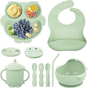 Baby Weaning Set, Silicone Feeding Set(10 Pcs), Toddler Set with Adjustable Bib, Suction Bowl, Plate, Fork, Spoon, Water & Snack Cup Kit, Led Kit for Babies, and Kids Green GJTZ-04