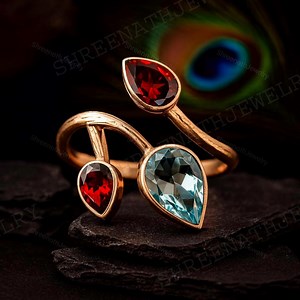 Garnet Aquamarine Wedding Ring, Double Birthstone Jewelry, Bridal Open Adjustable Ring Delicate Stacking Ring Promise Statement Ring for Her - Etsy