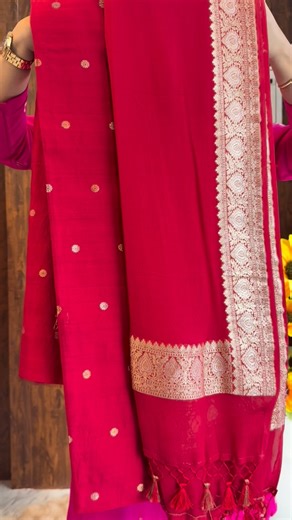 Elite Weaves by Nav|Banarasi Silks|Ethnic Wear|by Navpreet Kaur on Instagram: "Red- the Color of Beauty designed in A timeless classic banarasi weave ✨ Pure Handloom Moonga silk suit, intricately woven in the banarasi Kadhwa with Sona & Rupa Zari, is a true statement of Banarasi craftsmanship 🪡🪡 Paired with a pure handloom Banarasi georgette dupatta, beautifully finished with Kadhwa-woven Sona & Rupa Zari borders on fine, premium georgette. Designed for grand weddings and special occasions, th