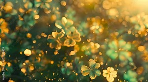 Teal and gold four leaf clovers against a blurry background of out of focus clovers wallpaper
