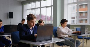 Diverse School Students Boys Learning Programming Language In Coding Classes, Teenagers With Laptops