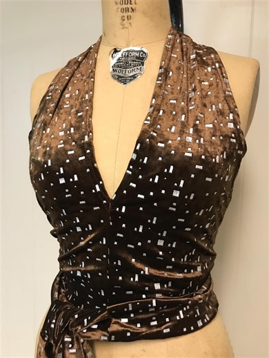 70s Vintage Halter Top: Mocha Velvet With Silver Metallic, One Size - Etsy UK