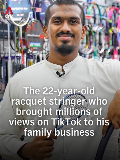 At a shop in Queensway Shopping Centre, 22-year-old Mohamed Hashim Marecar has turned stringing racquets and serving customers into viral videos seen by millions, drawing fans to his father's business from as far as the Netherlands. #Singapore #sgnews #badminton #tennis