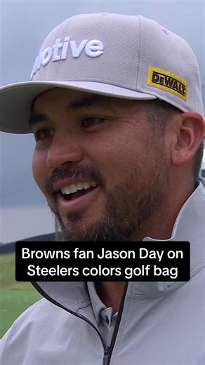 Jason Day emphasizes his allegiance to the Cleveland Browns despite using a black and yellow bag at Oakmont. 😂🏈 📺 NBC & Peacock | #USOpen #golf #nfl #steelers #browns #pittsburgh #clevelandbrowns #pittsburghsteelers