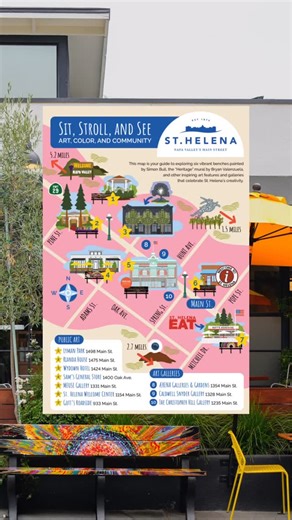 🎨 Hot off the press! Exciting news #MyStHelena, the new St. Helena Art Stroll Map has officially arrived at the Welcome Center. This map celebrates the heart and soul of St. Helena’s art community, from colorful benches to inspiring gallery spaces. Stop by the Welcome Center located at 1154 Main Street and grab your copy today to explore, support, and celebrate the local art that makes our town shine! . . . #StHelenaCA #StHelenaArt #NapaValleyArt #ArtInStHelena #ChamberCreates #ArtfulBenchProje