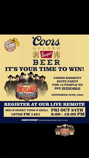 🍺 “Coors Suite Party” Promotion! One lucky listener will win a Suite Party for 10 people to see Intocable live in concert at the Payne Arena on November 29 🎶 Register during our next activation for a chance to win 🙌 #rgv #rgv956 #concert #paynearena #intocable @Payne Arena @Coors Banquet @MelsHonkyTonkNGrill @Grupo Intocable